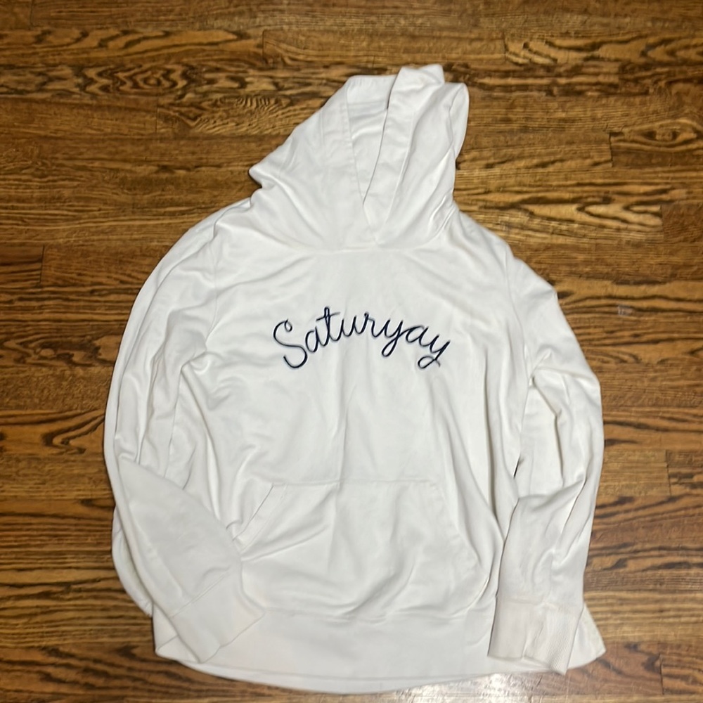 Cream Sateryay hooded sweatshirt with navy embroidery by Old Navy